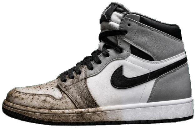 High-top sneaker showing the contrast between a dirty toe and a freshly cleaned heel